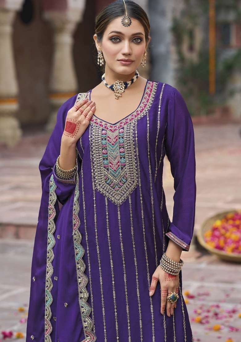 Purple Embroidery Chinon Pakistani Suit Set - Indya
