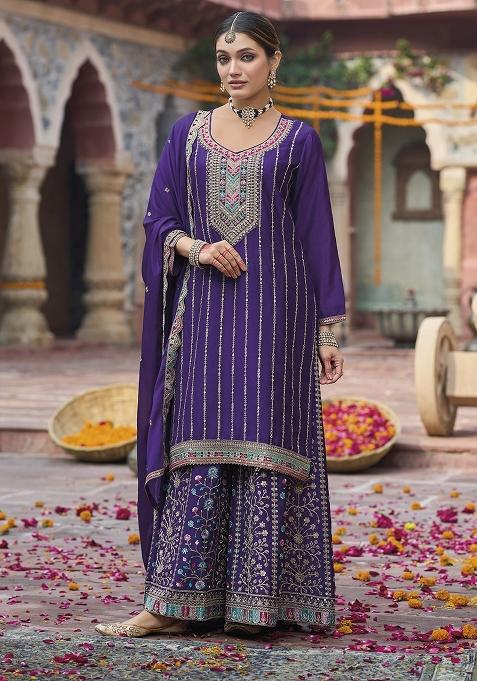 Purple Embroidery Chinon Pakistani Suit Set