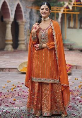 Orange Embroidery Chinon Pakistani Suit Set