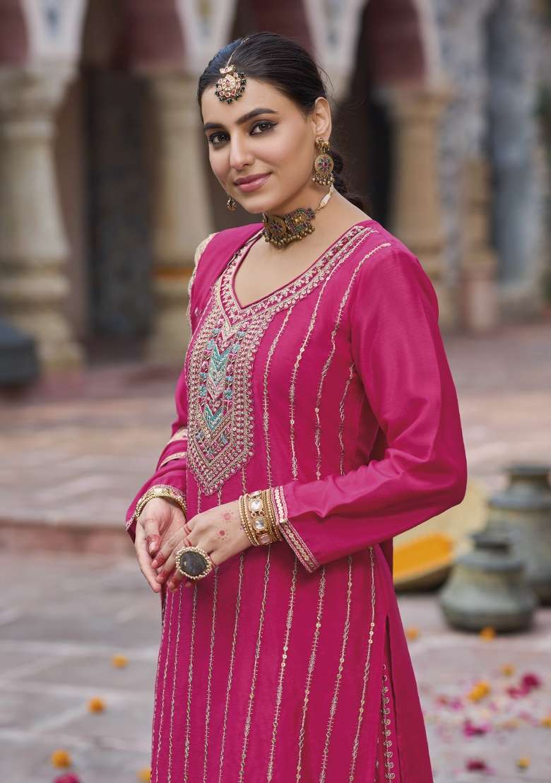 Pink Embroidery Chinon Pakistani Suit Set - Indya