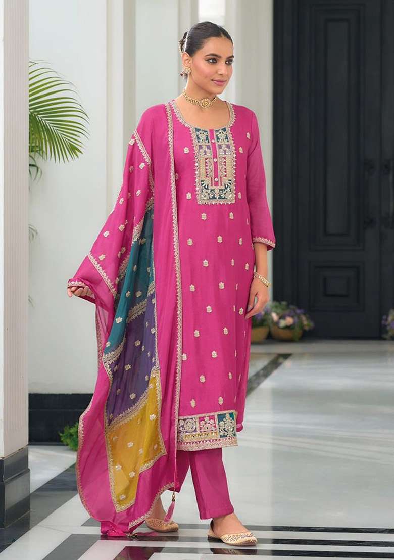 Pink Embroidery Chinon Pakistani Suit Set - Indya