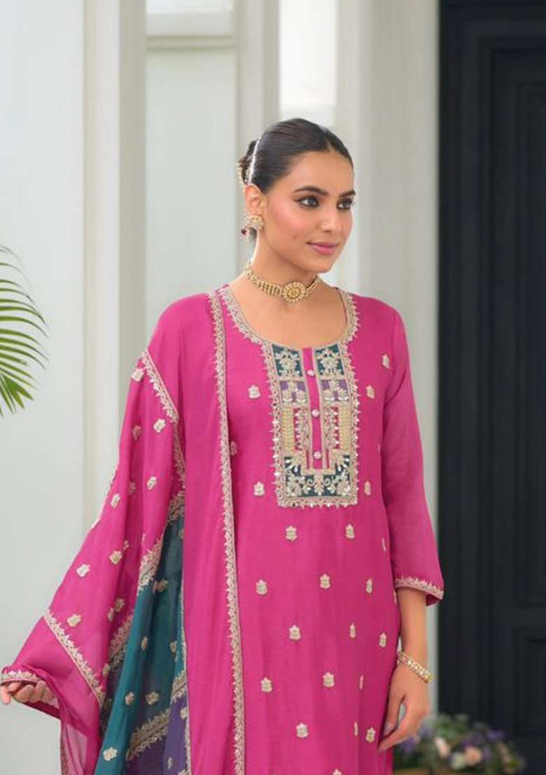 Pink Embroidery Chinon Pakistani Suit Set - Indya