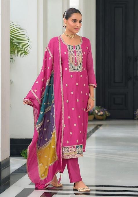 Pink Embroidery Chinon Pakistani Suit Set
