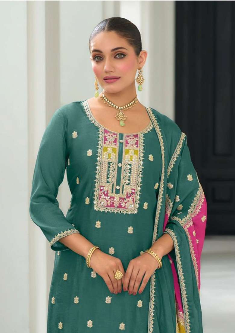 Green Embroidery Chinon Pakistani Suit Set - Indya