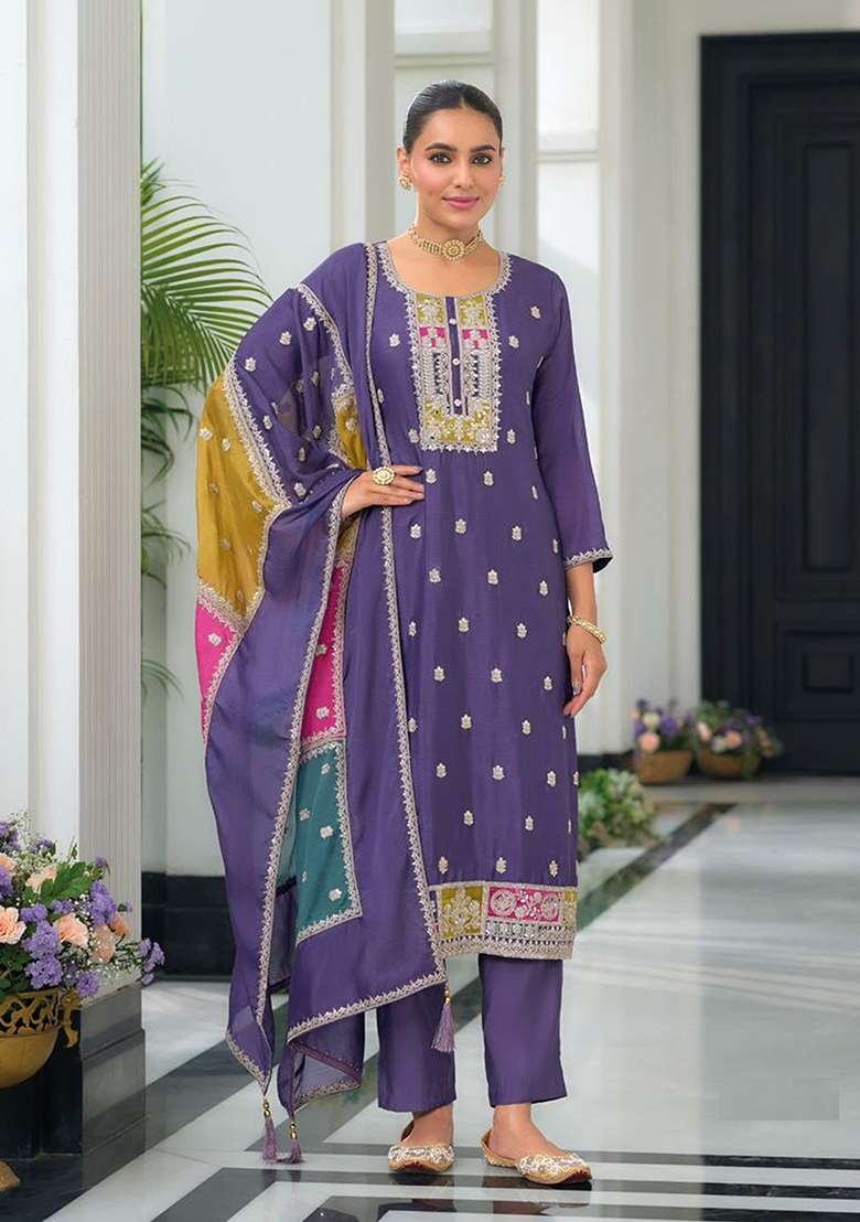 Purple Embroidery Chinon Pakistani Suit Set - Indya