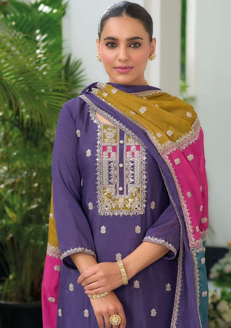 Purple Embroidery Chinon Pakistani Suit Set - Indya