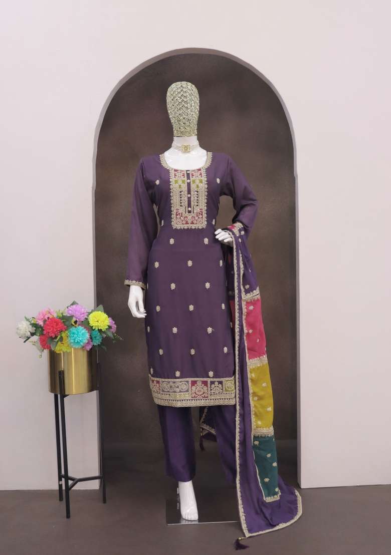 Purple Embroidery Chinon Pakistani Suit Set - Indya