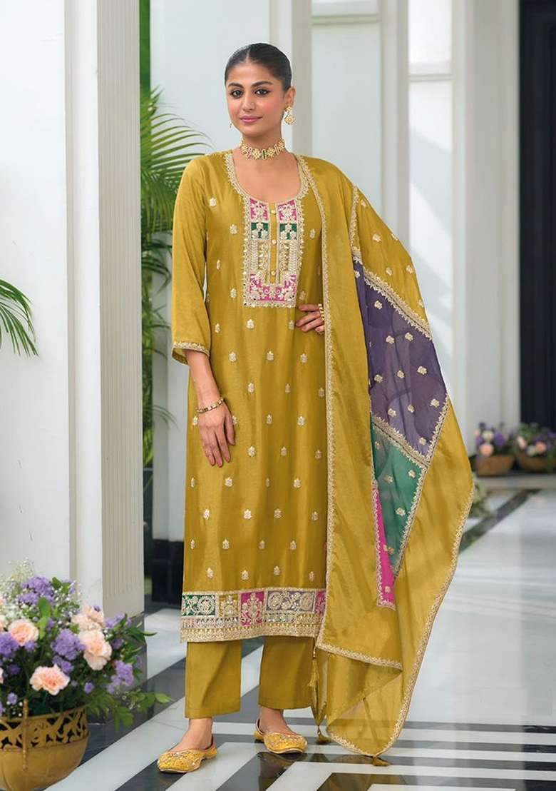 Yellow Embroidery Chinon Pakistani Suit Set - Indya