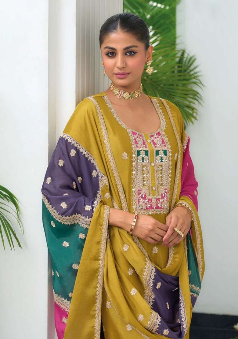 Yellow Embroidery Chinon Pakistani Suit Set - Indya