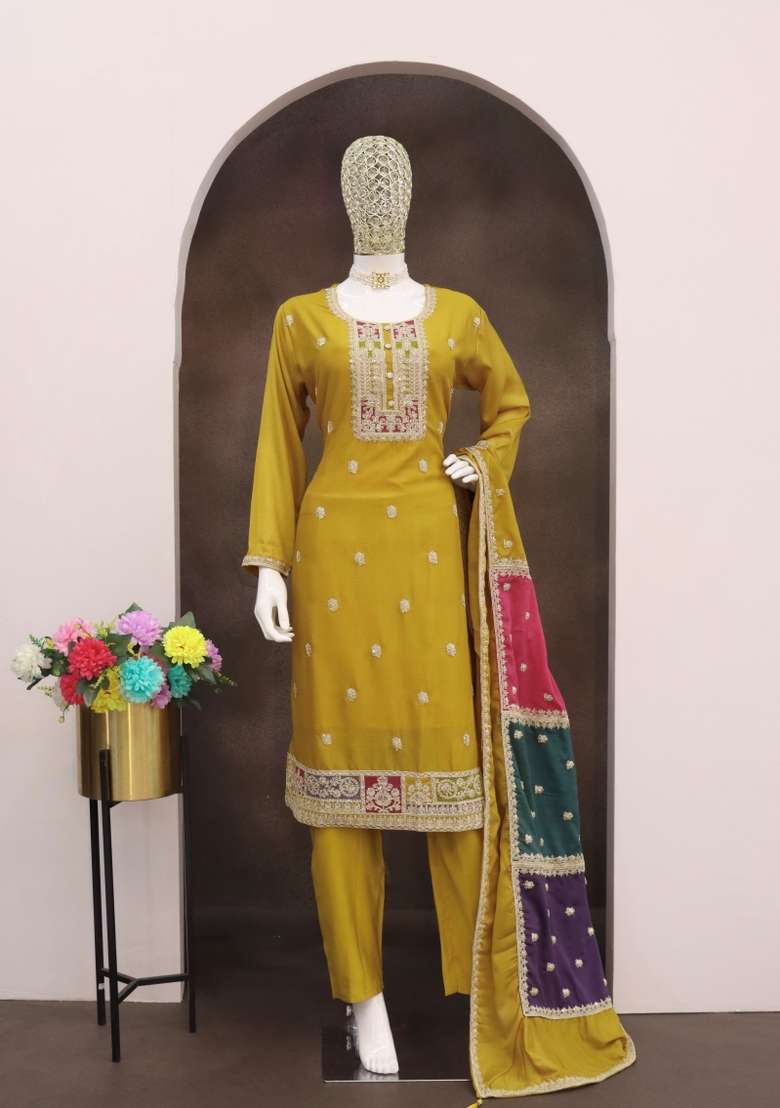 Yellow Embroidery Chinon Pakistani Suit Set - Indya