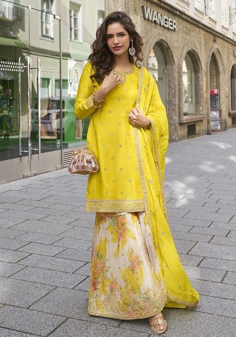Yellow Embroidery Chinon Pakistani Suit Set