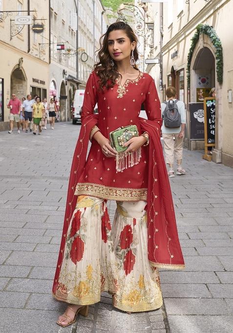 Red Embroidery Chinon Pakistani Suit Set