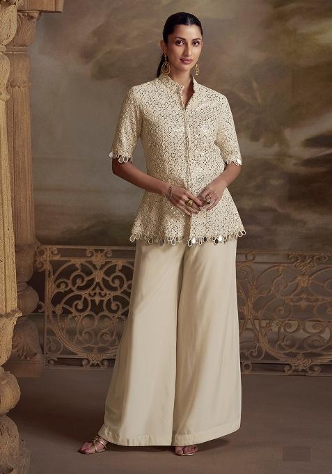 Cream Embroidery Georgette Pakistani Suit Set