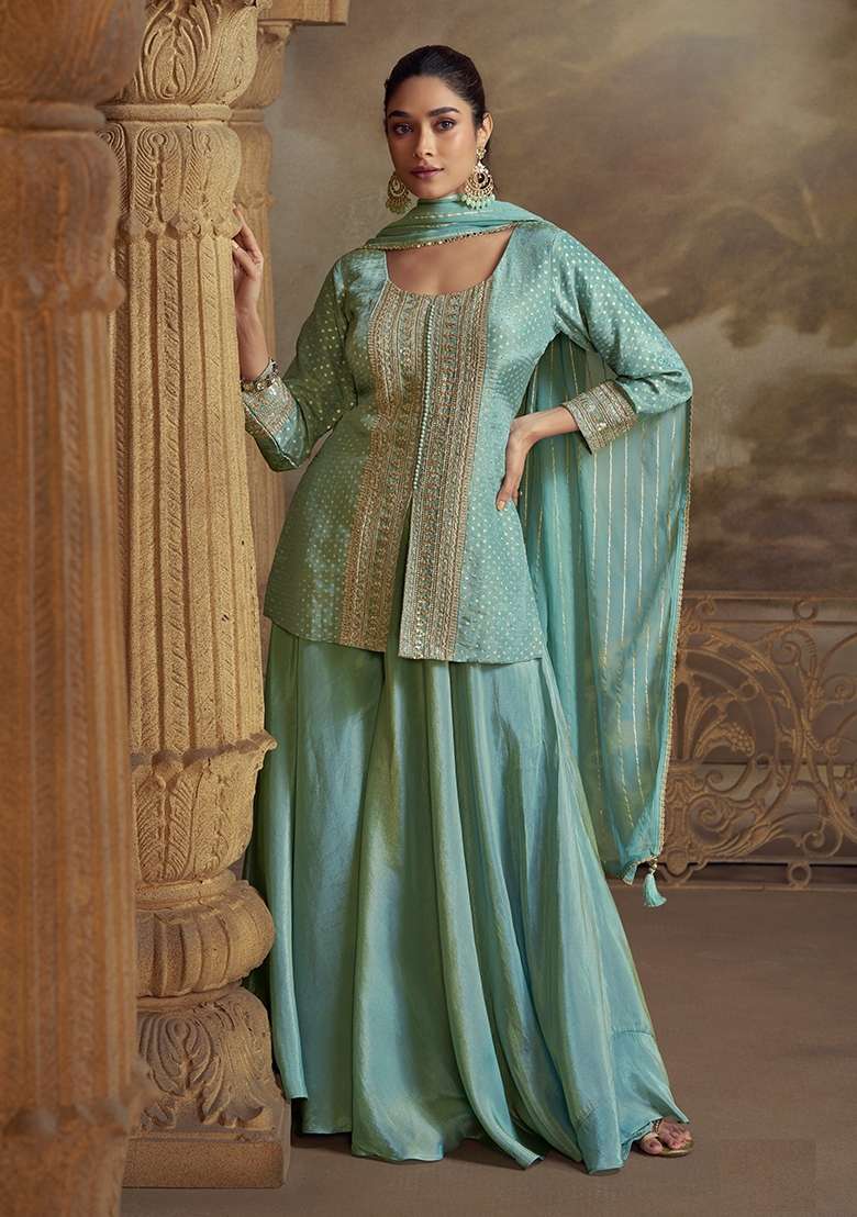 Sky Blue Embroidery Viscose Pakistani Suit Set - Indya