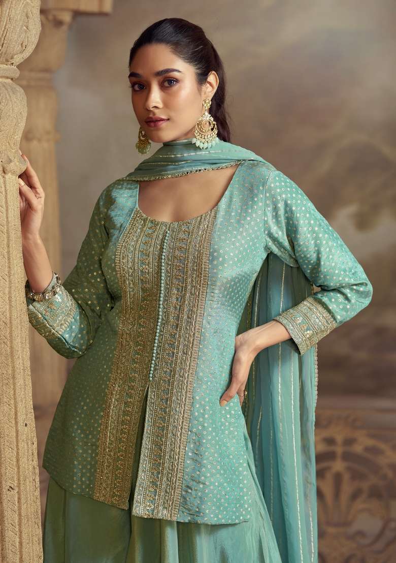 Sky Blue Embroidery Viscose Pakistani Suit Set - Indya