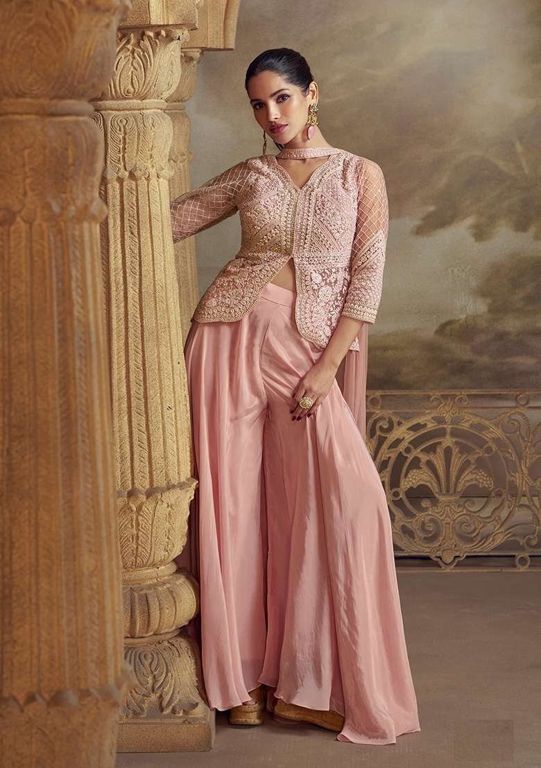 Pink Embroidery Net Pakistani Suit Set - Indya