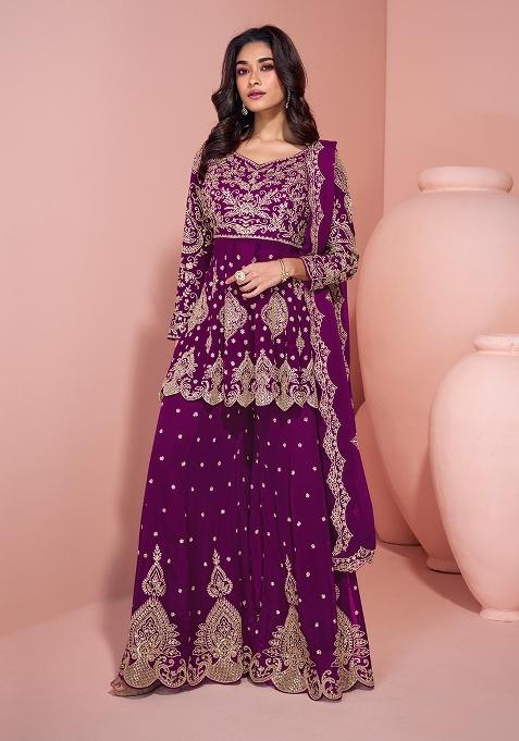 Purple Embroidery Georgette Pakistani Suit Set