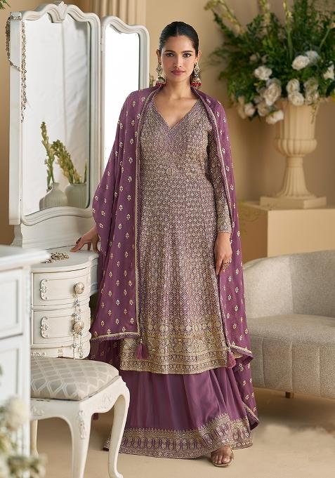 Purple Embroidery Georgette Pakistani Suit Set
