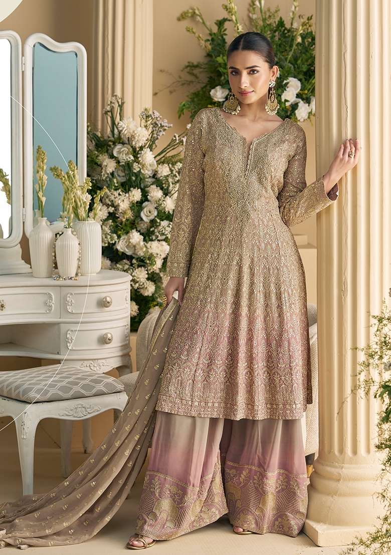 Grey Embroidery Georgette Pakistani Suit Set - Indya