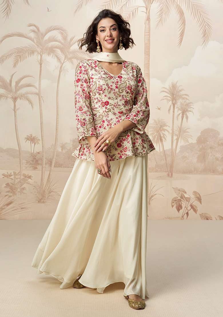 White Embroidery Chinon Pakistani Suit Set - Indya