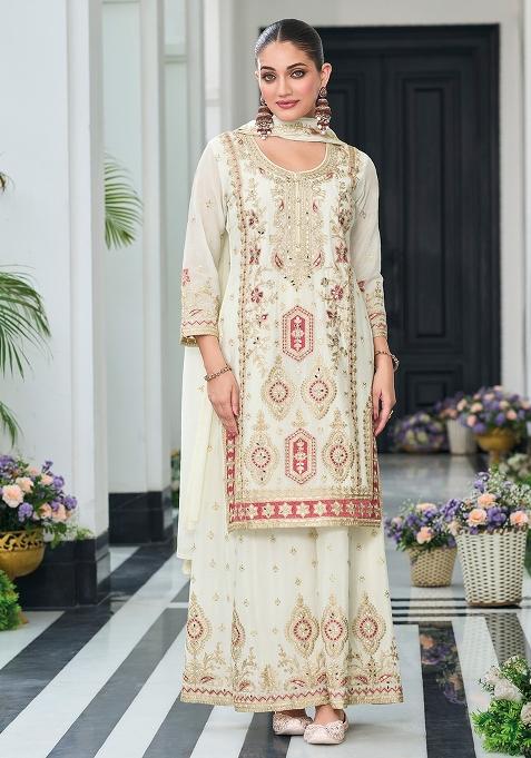 White Embroidery Chinon Pakistani Suit Set