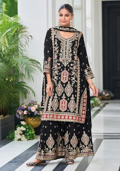 Black Embroidery Chinon Pakistani Suit Set
