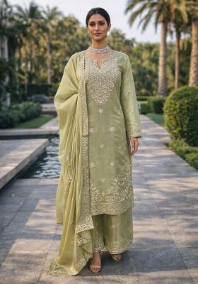 Pista Thread Work Silk Kurta Set