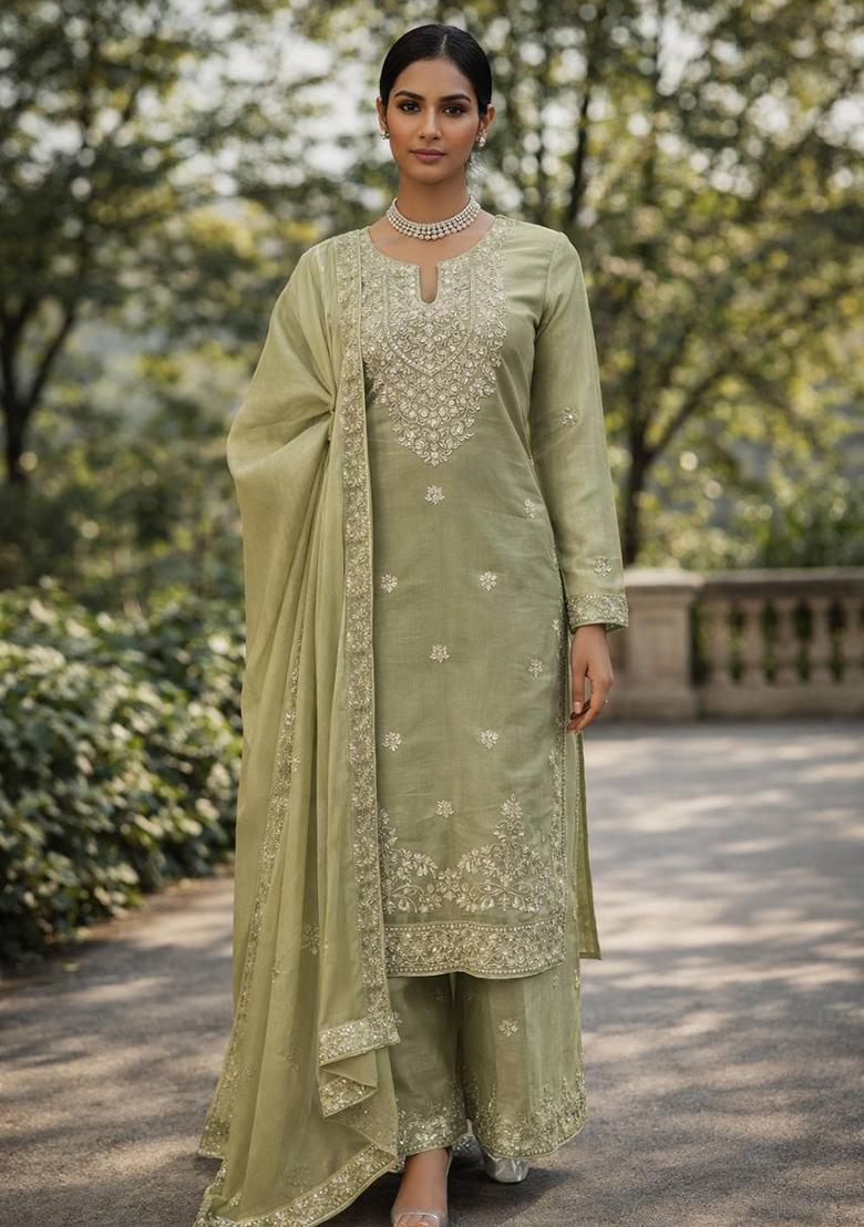 Pista Thread Work Silk Kurta Set - Indya