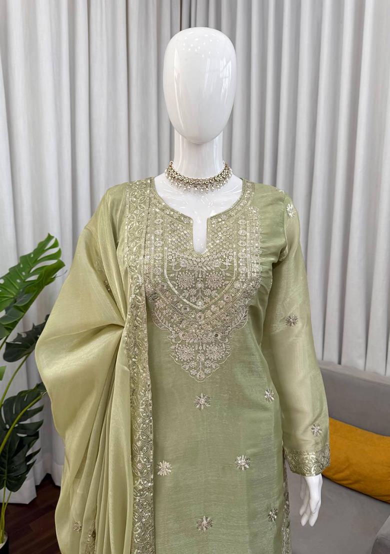 Pista Thread Work Silk Kurta Set - Indya