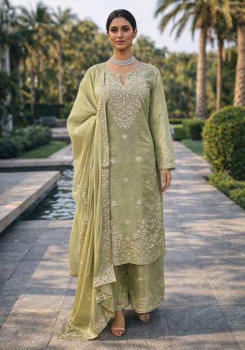 Pista Thread Work Silk Kurta Set