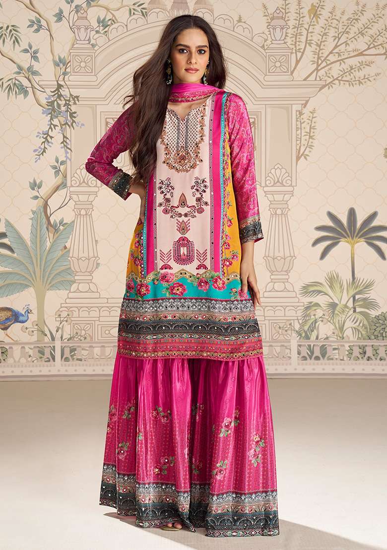 Pink Printed Crepe Sharara Set - Indya