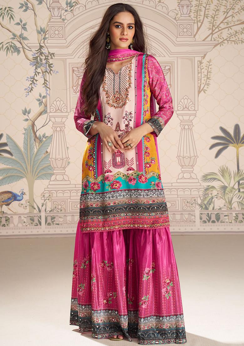 Pink Printed Crepe Kurta Set - Indya