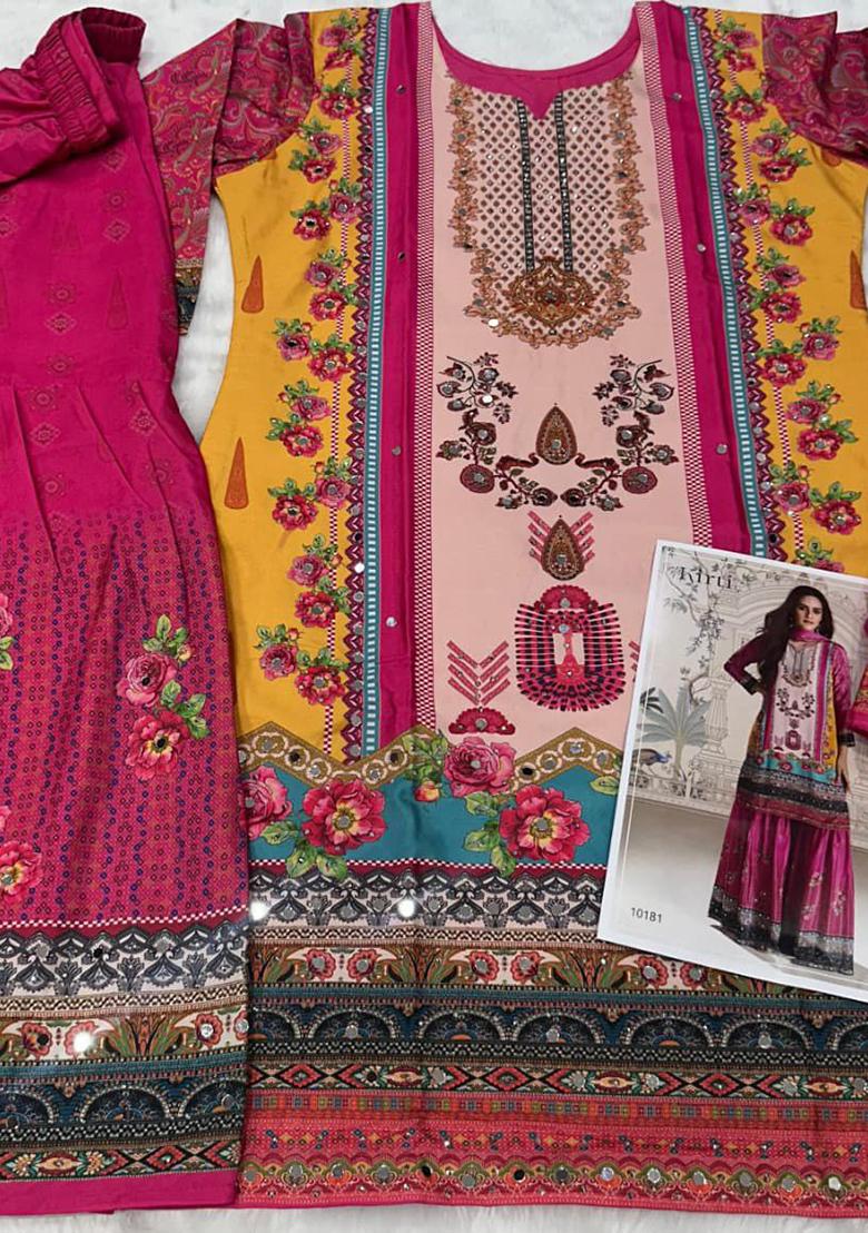 Pink Printed Crepe Kurta Set - Indya