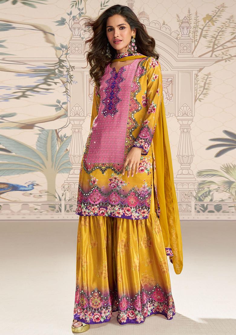 Yellow Printed Crepe Kurta Set - Indya