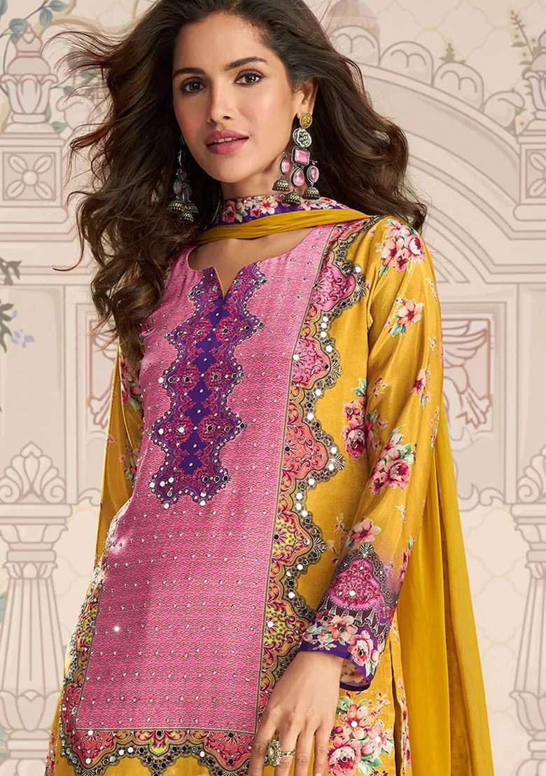 Yellow Printed Crepe Sharara Set - Indya