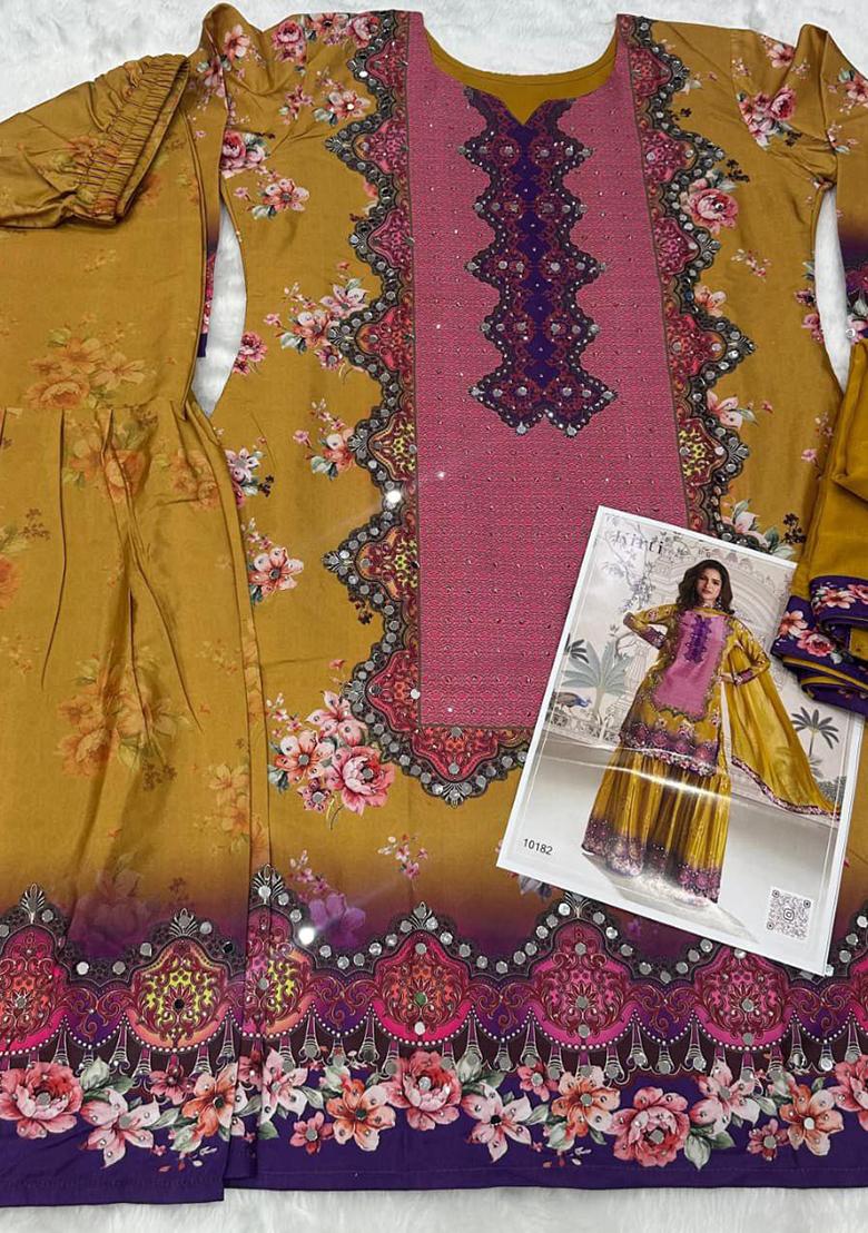 Yellow Printed Crepe Kurta Set - Indya