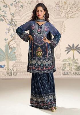 Navy Blue Printed Crepe Kurta Set