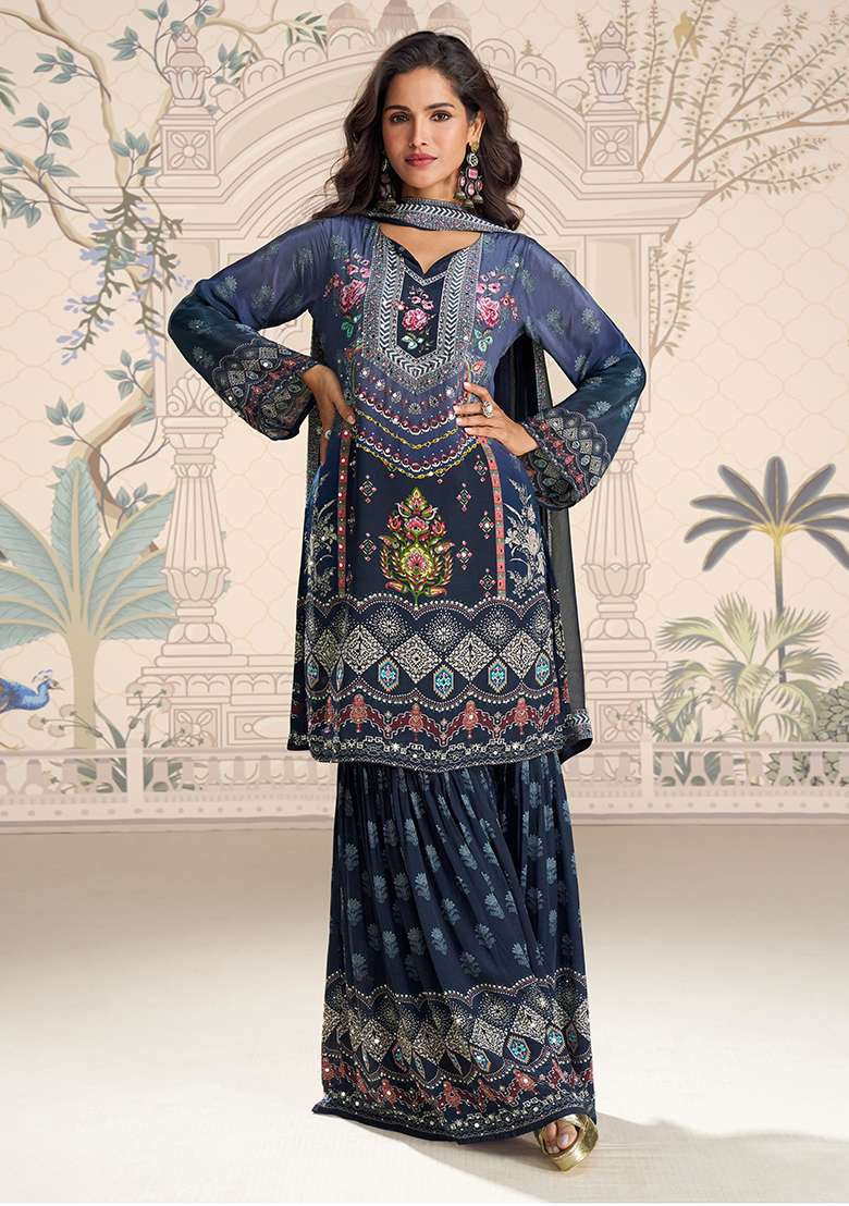 Navy Blue Embroidered Crepe Sharara Set - Indya