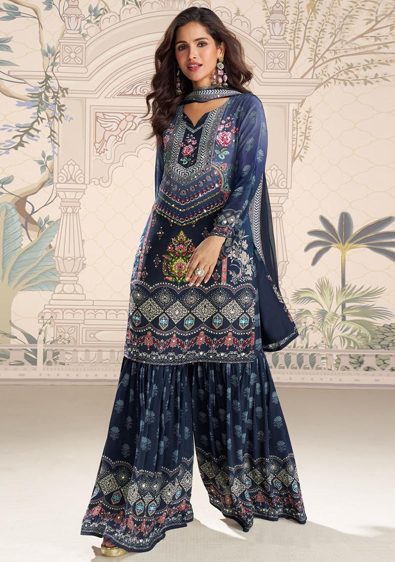 Navy Blue Printed Crepe Kurta Set - Indya