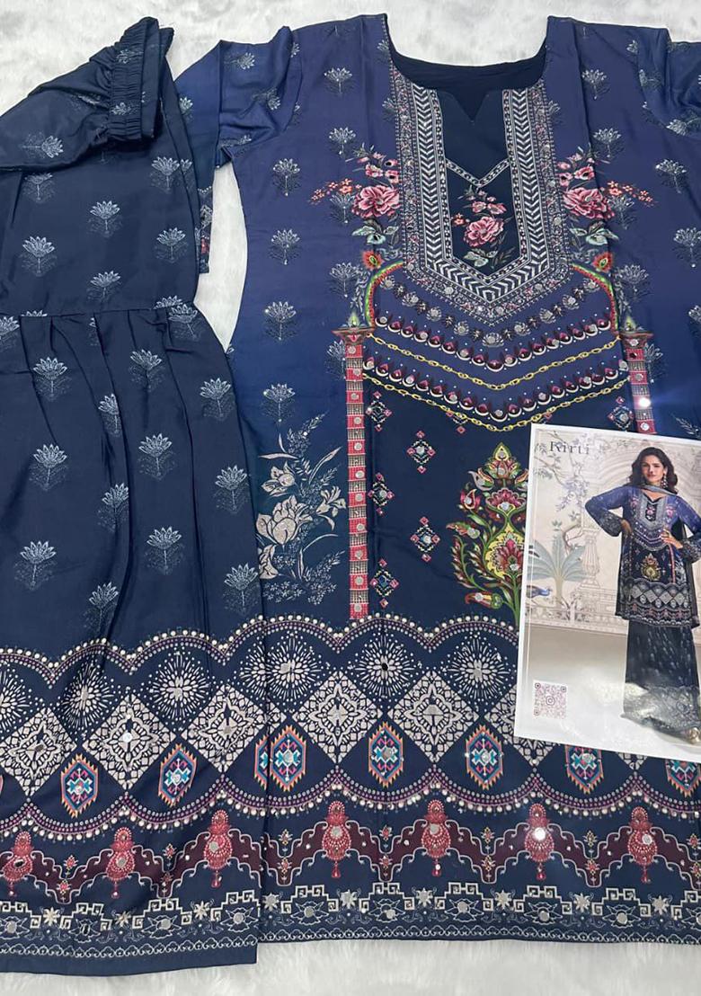 Navy Blue Printed Crepe Kurta Set - Indya