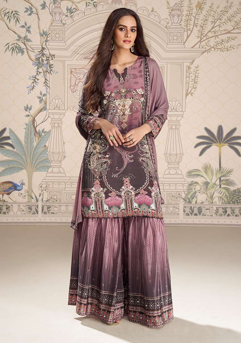 Onion Pink Embroidered Crepe Sharara Set - Indya