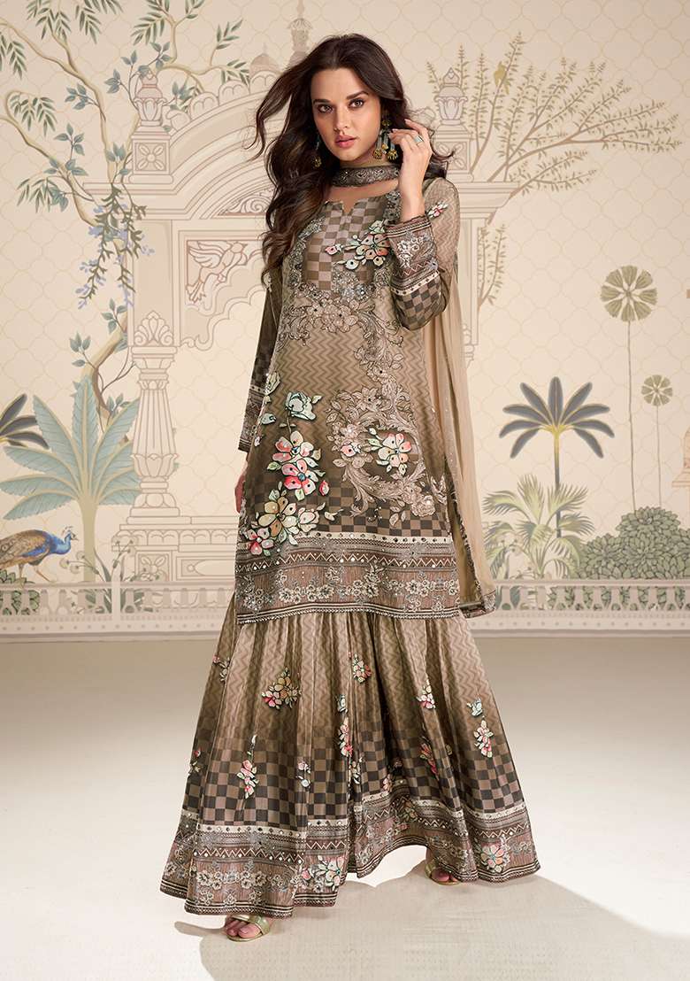 Brown Embroidered Crepe Sharara Set - Indya