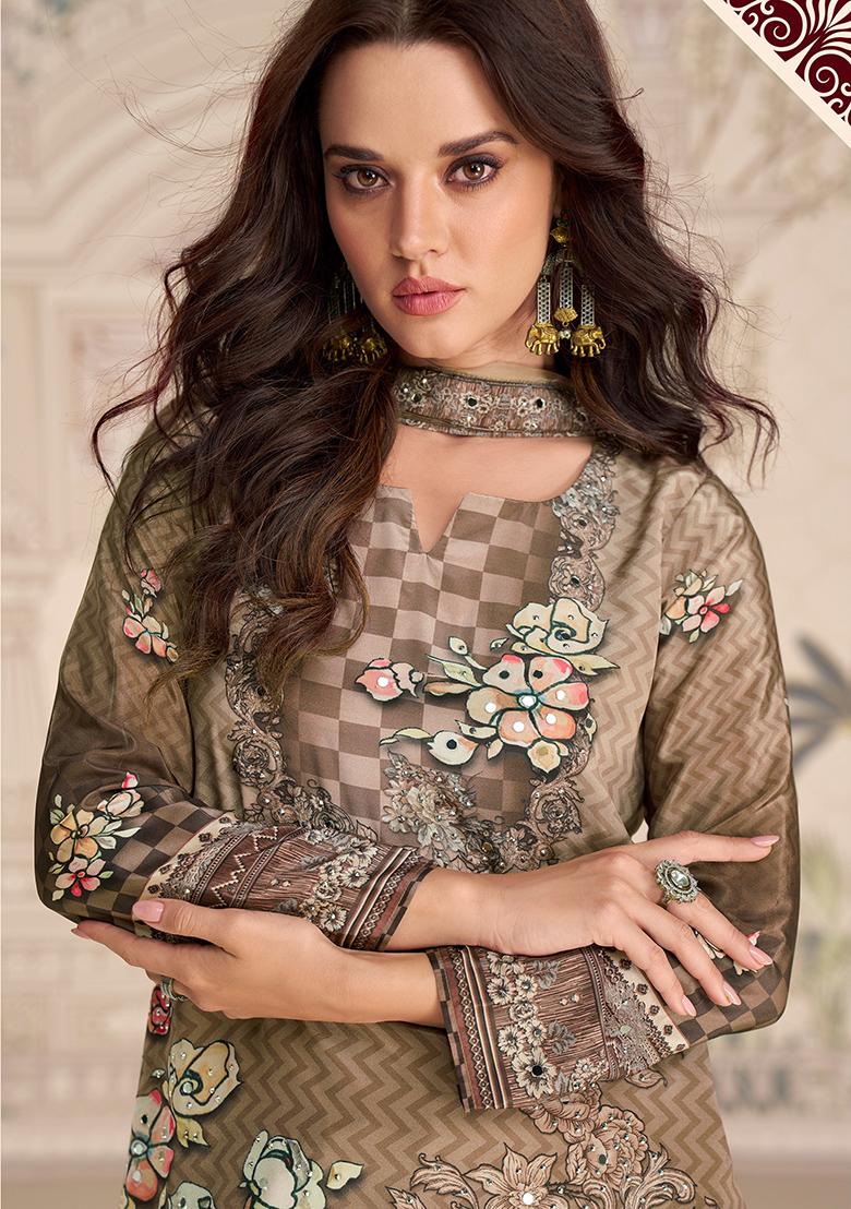 Brown Printed Crepe Kurta Set - Indya