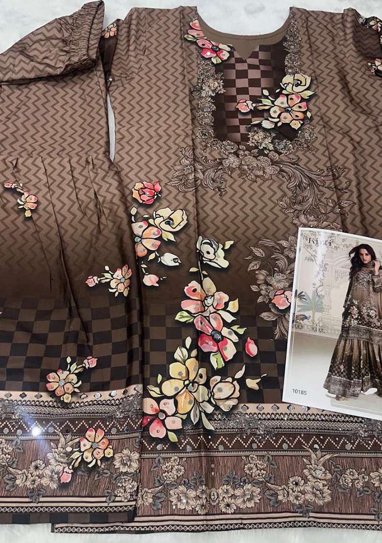 Brown Embroidered Crepe Sharara Set - Indya