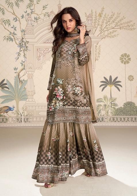 Brown Printed Crepe Kurta Set