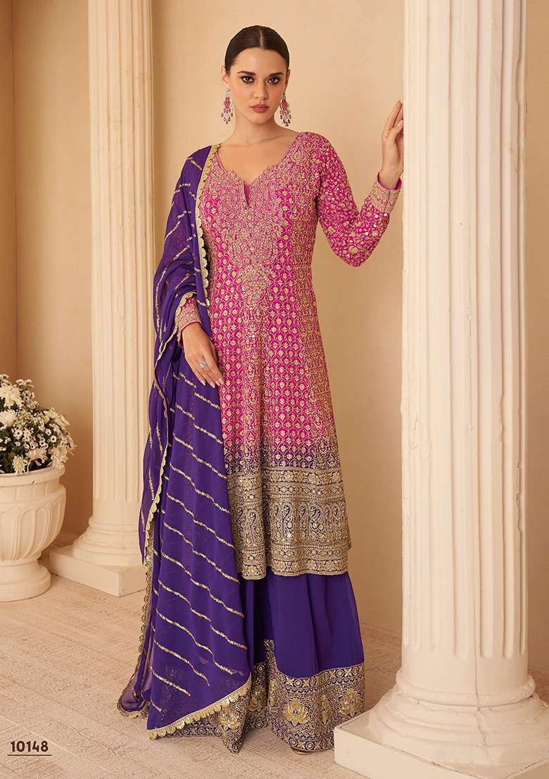 Pink Embroidered Georgette Sharara Set - Indya