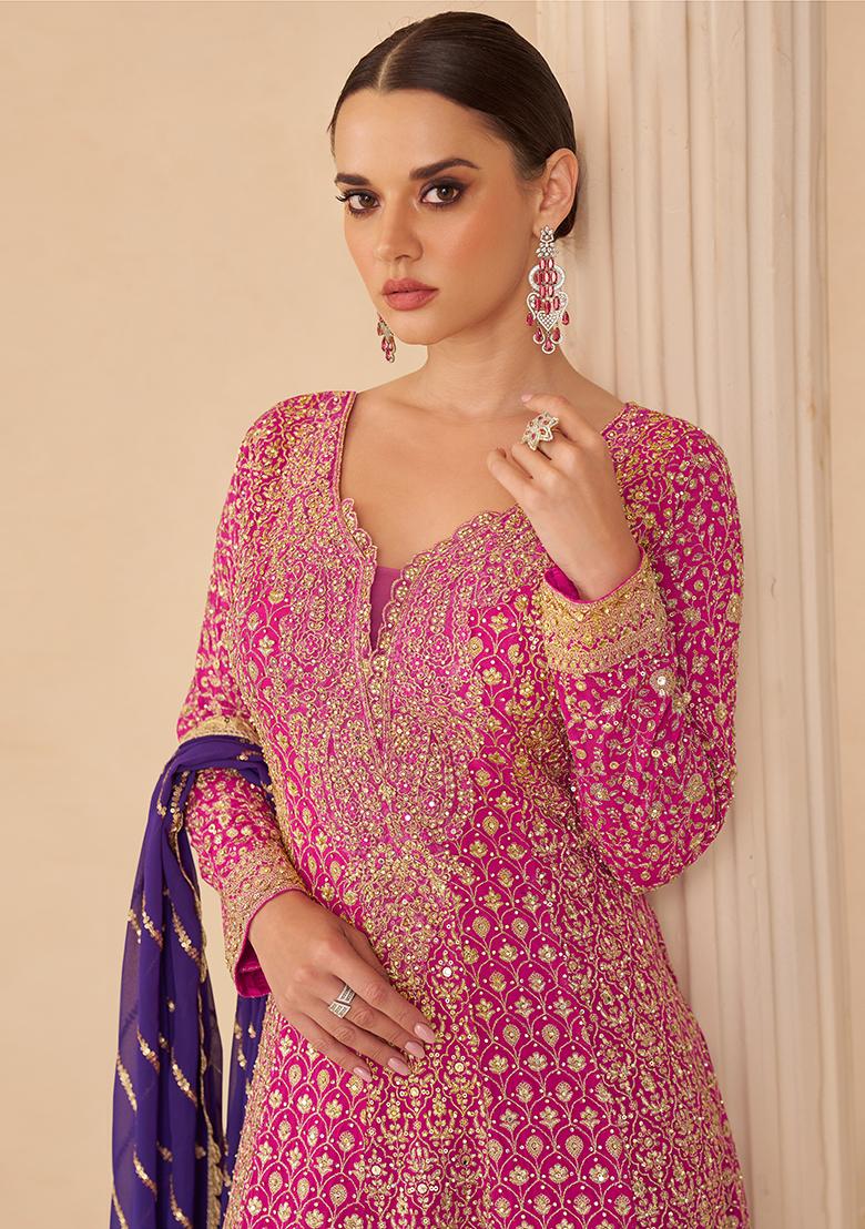 Pink Embroidery Georgette Kurta Set - Indya