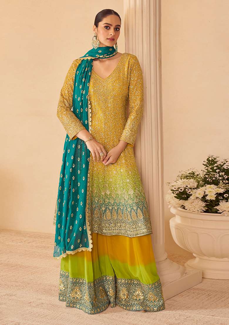 Yellow Embroidered Georgette Sharara Set - Indya