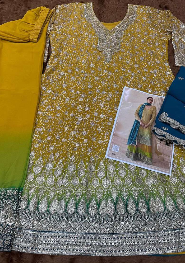 Yellow Embroidered Georgette Sharara Set - Indya