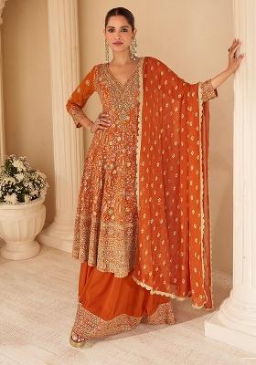 Orange Embroidery Georgette Kurta Set